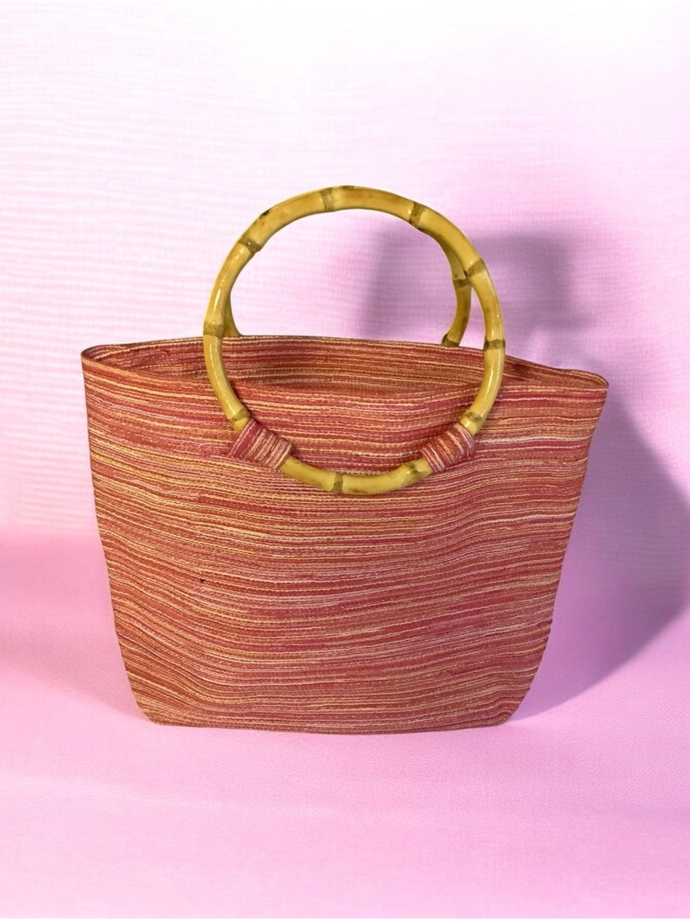 Chateau Woven Straw Tote Bag with Bamboo Handles - Red Stripe